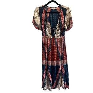 Patrons of Peace Floral Boho Midi Maxi Style Tie Front Short Sleeve Dress XS